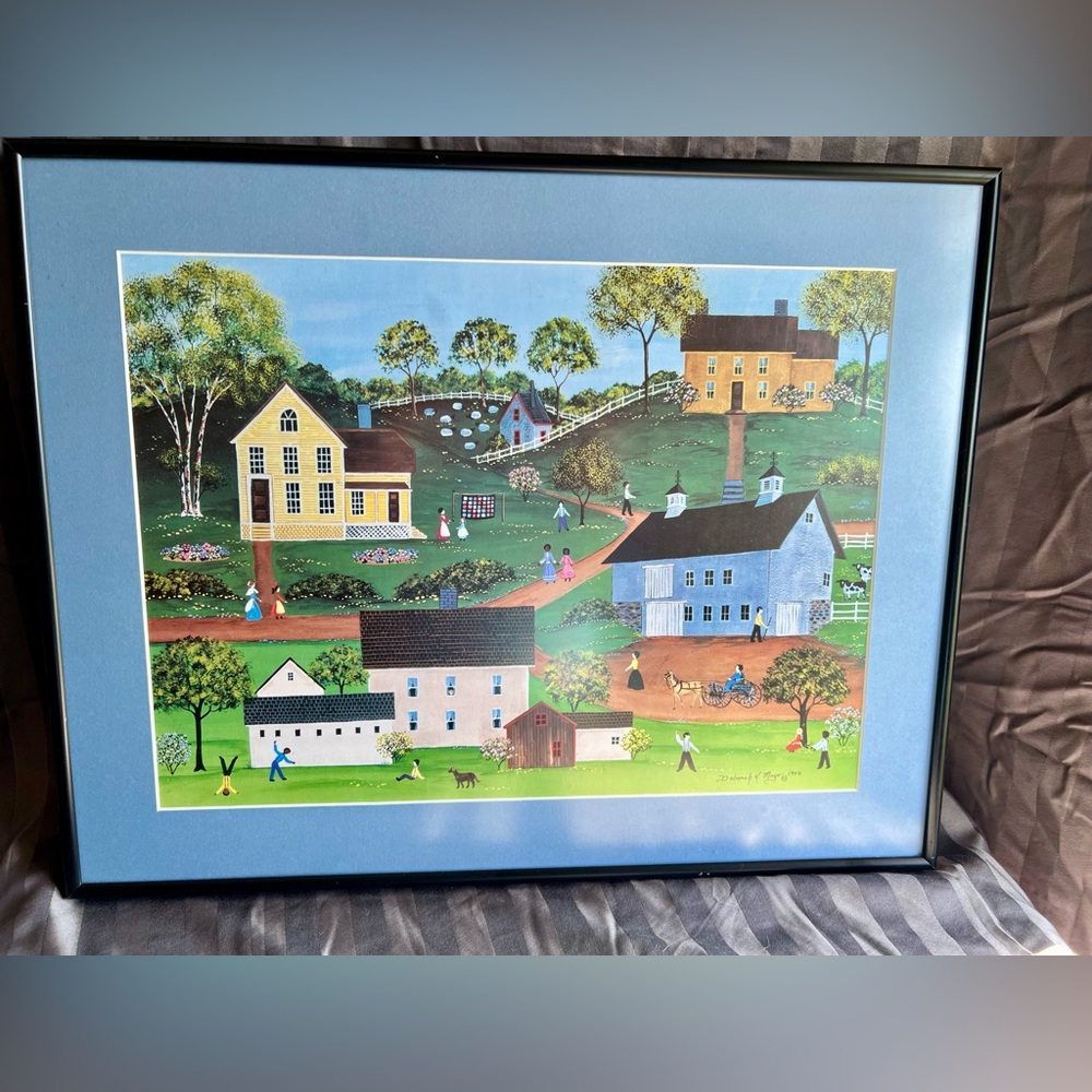 Celebration of Friendship in Small Town Artwork Signed Deborah K. Mayo 1994 Folk